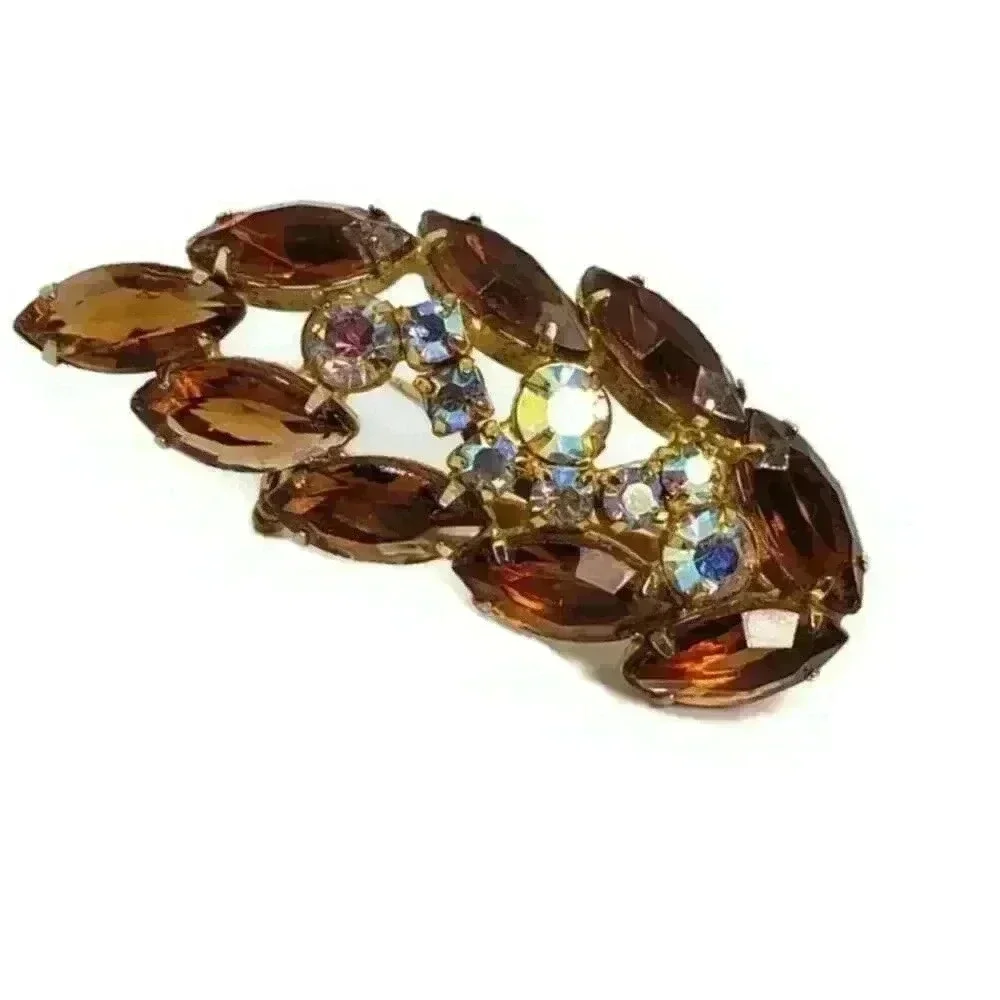 Vintage Rhinestone Leaf Brooch Open Back Brown Ab Stones Sherman Style 75$